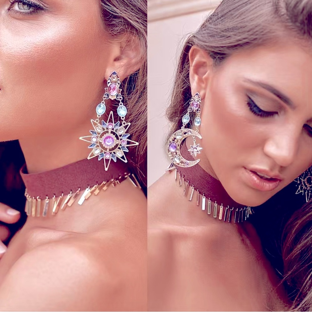 NEW Rhinestone Drop Earrings, Sun/Star & Moon Design